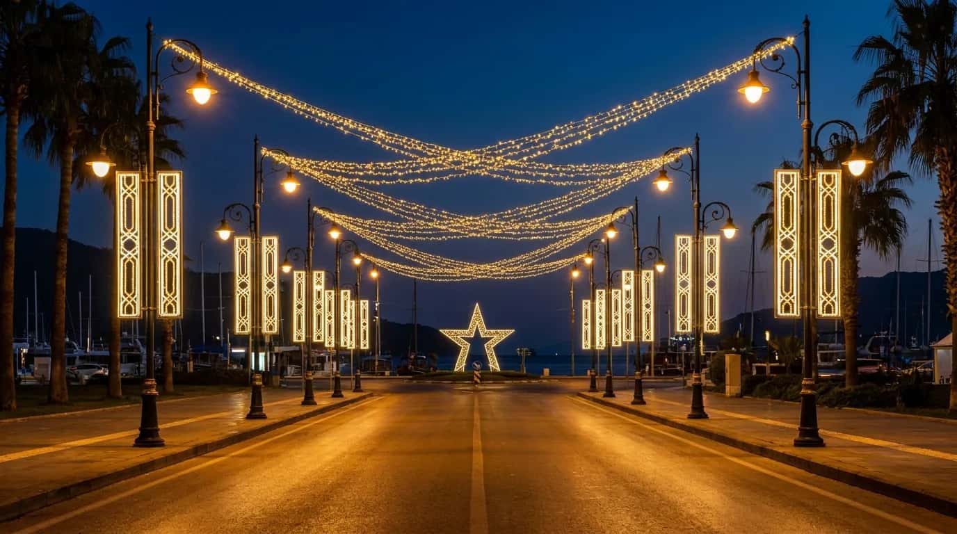 Marmaris belediye 1,2 km cadde projesi: 48 direk motifi, 6 kavşak ışıklı motif, çapraz tel gergi sistemi