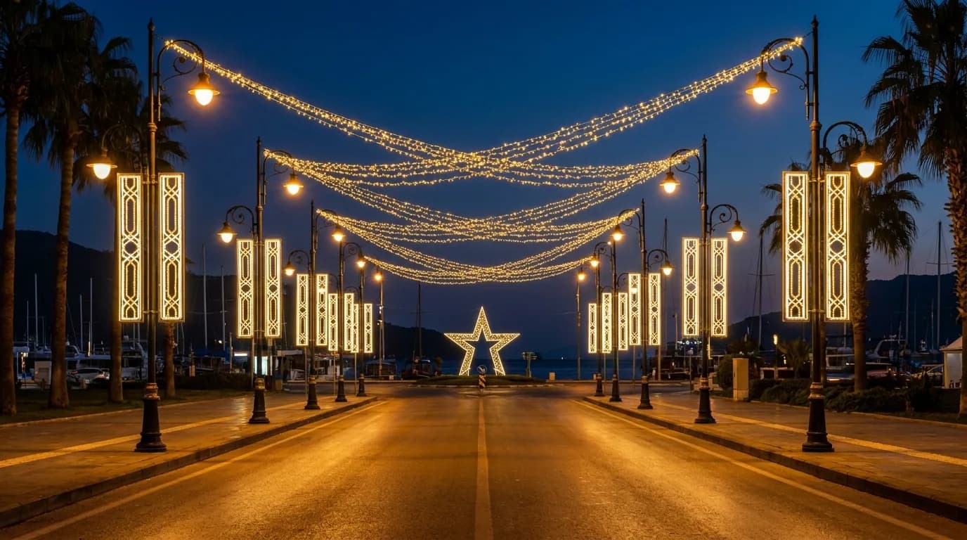 Marmaris belediye 1,2 km cadde projesi: 48 direk motifi, 6 kavşak ışıklı motif, çapraz tel gergi sistemi