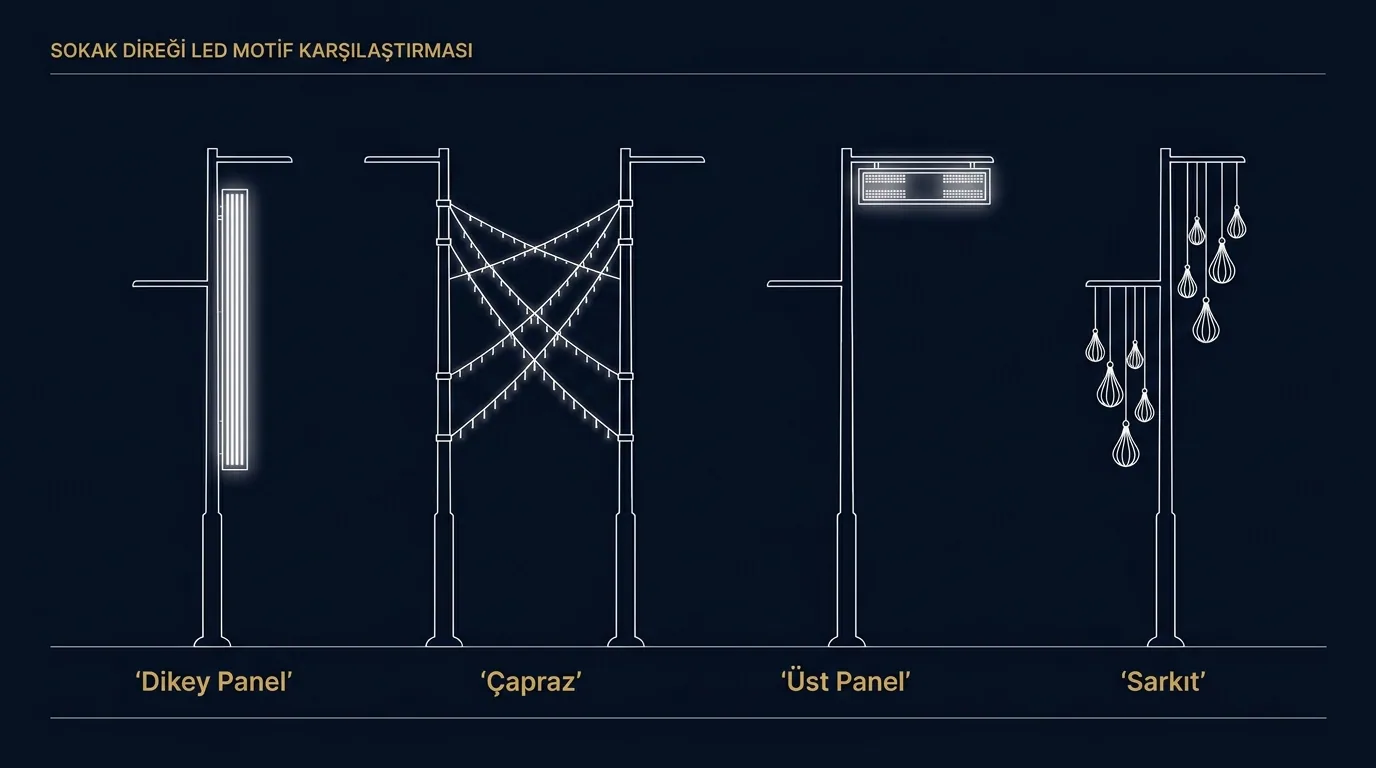 4 direk motifi tipi yan yana: dikey panel, çapraz, üst panel, sarkıt karşılaştırması