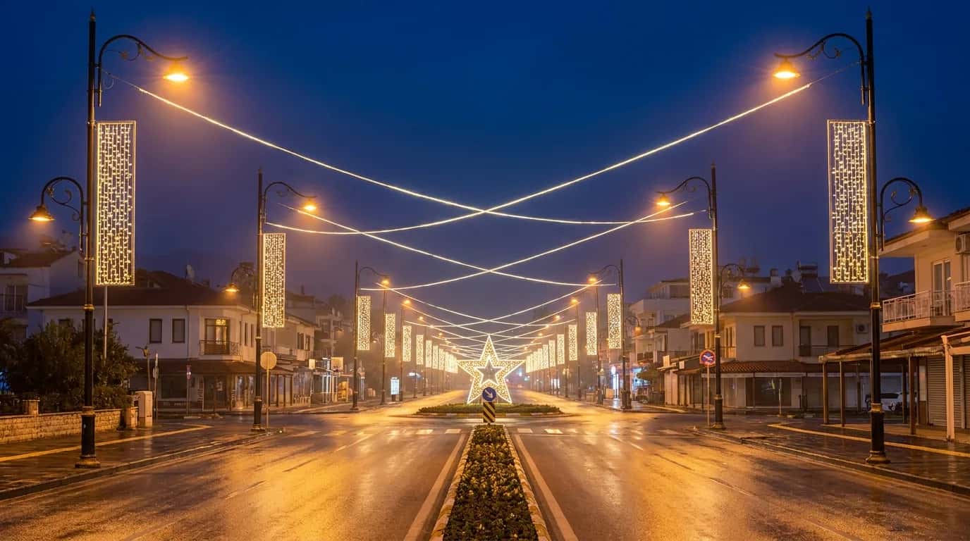 Marmaris ana cadde 2024 yılbaşı: 48 ferforje direk dikey panel + çapraz tel gergi + 6 kavşak 3D motif gece görünümü