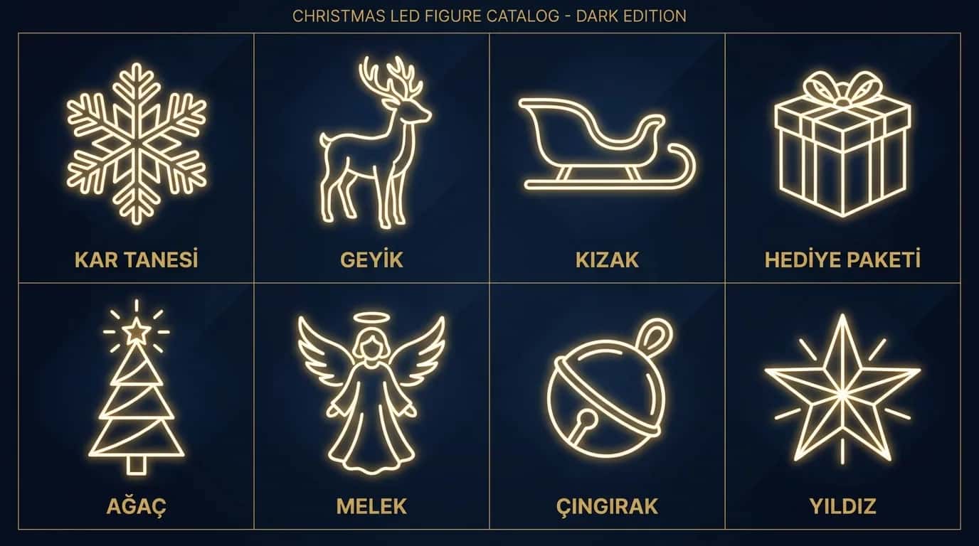 8 yılbaşı figür kategorisi yan yana karşılaştırma: kar tanesi, geyik, kızak, hediye paketi, ağaç, melek, çıngırak, yıldız