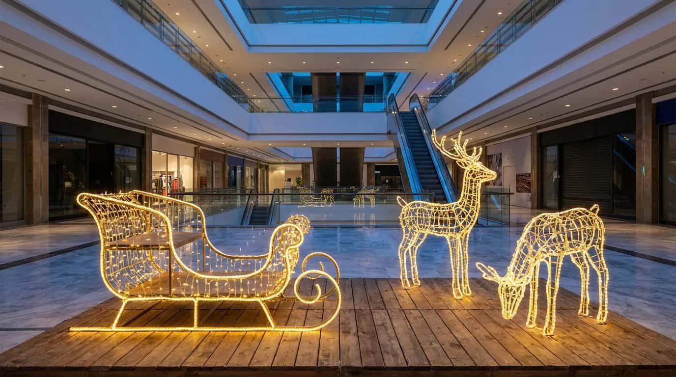 AVM atrium 2 metre kızak fotoğraf çekme alanı: çelik iskelet + LED hortum + ahşap zemin + yan geyik kombinasyonu