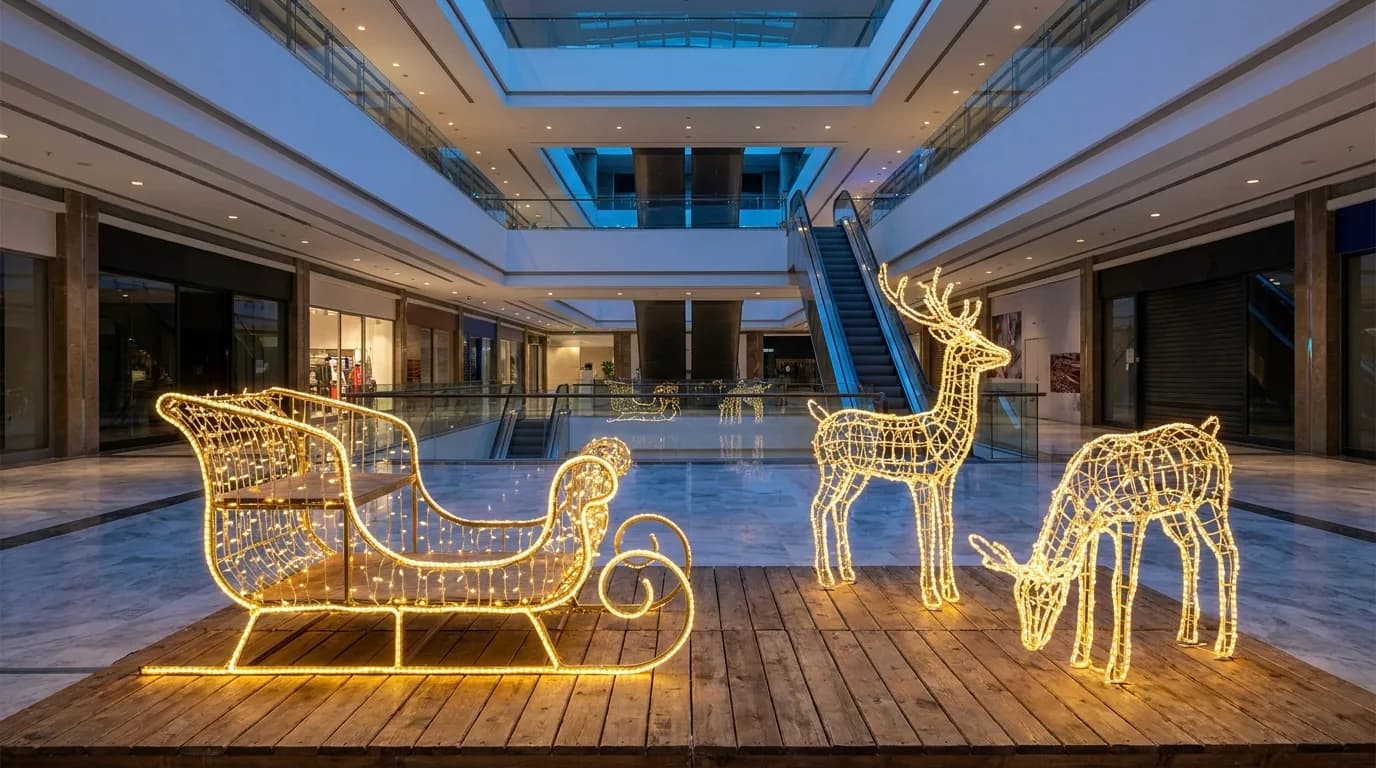 AVM atrium 2 metre kızak fotoğraf çekme alanı: çelik iskelet + LED hortum + ahşap zemin + yan geyik kombinasyonu
