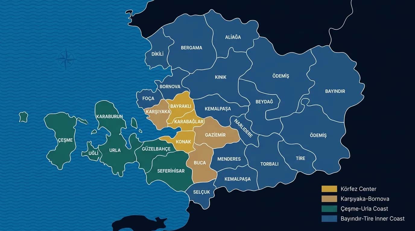 İzmir 30 ilçe coğrafi haritası: Körfez merkez, Karşıyaka-Bornova, Çeşme-Urla sahili, Bayındır-Tire iç bölge