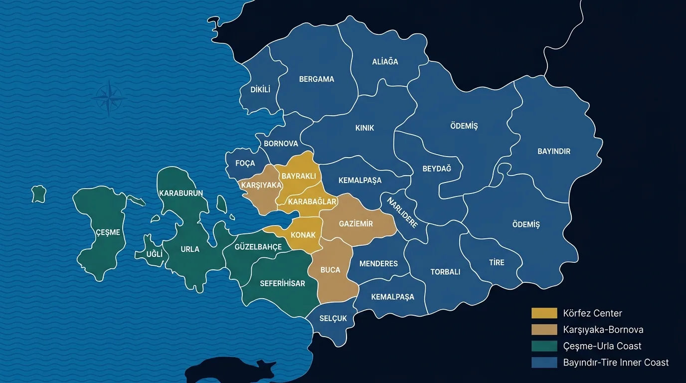 İzmir 30 ilçe coğrafi haritası: Körfez merkez, Karşıyaka-Bornova, Çeşme-Urla sahili, Bayındır-Tire iç bölge