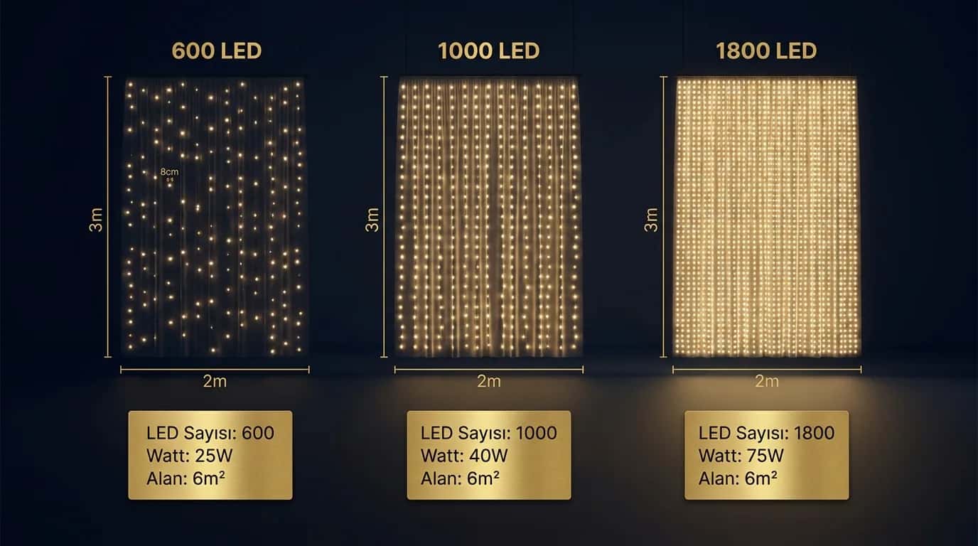 LED perde 3 model karşılaştırma: 600 / 1000 / 1800 LED dikey panel ölçü ve yoğunluk farkı