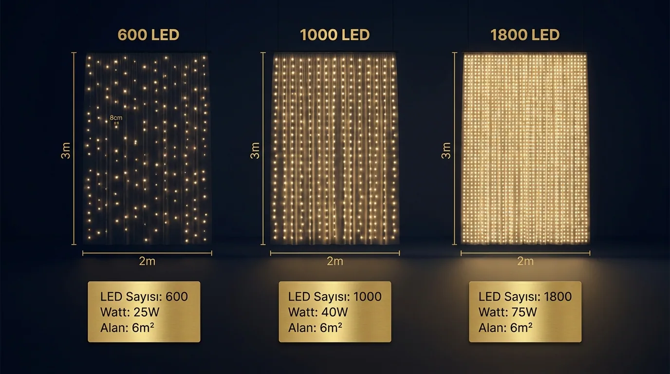 LED perde 3 model karşılaştırma: 600 / 1000 / 1800 LED dikey panel ölçü ve yoğunluk farkı