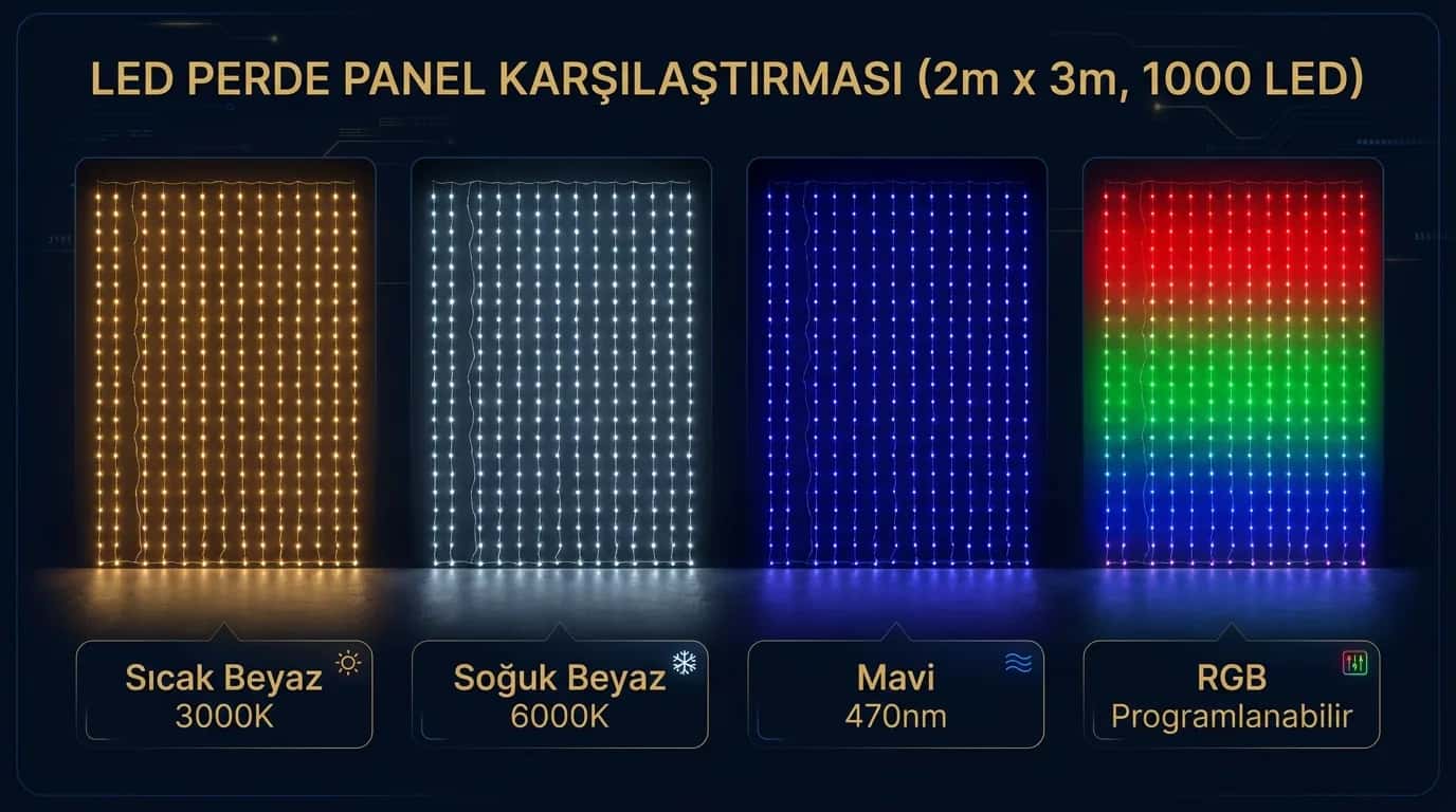 LED perde 4 renk seçeneği yan yana: warm white, cool white, mavi, RGB programlanabilir gece görünümü