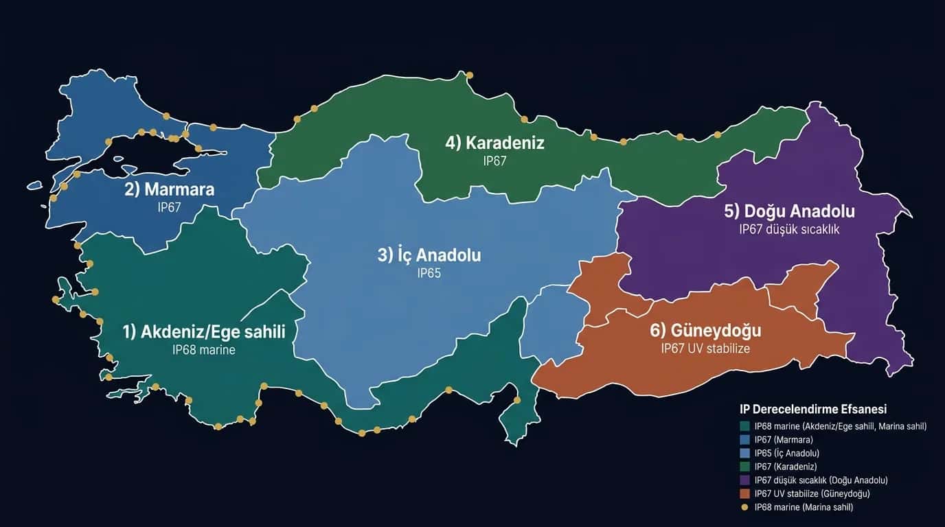 Türkiye 7 iklim bölgesi için minimum IP sınıfı haritası: sahil IP68, iç IP65, doğu IP67 düşük sıcaklık