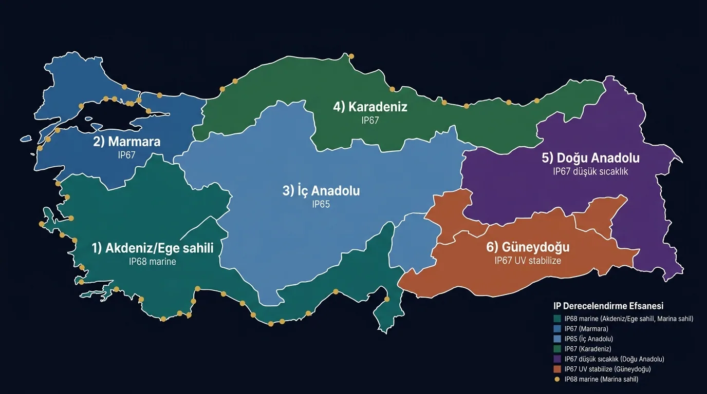 Türkiye 7 iklim bölgesi için minimum IP sınıfı haritası: sahil IP68, iç IP65, doğu IP67 düşük sıcaklık
