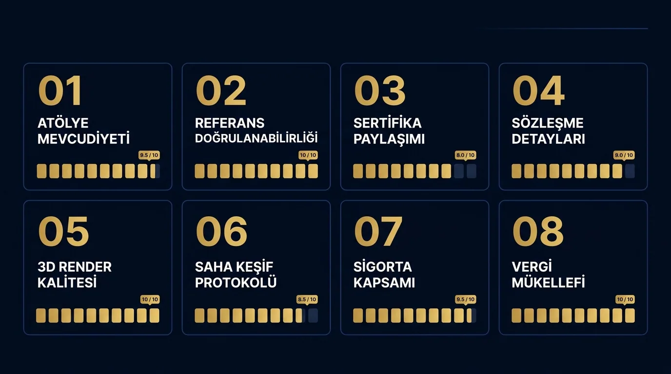 Firma seçim 8 kriter puanlama matrisi: atölye, referans, sertifika, sözleşme, render, keşif, sigorta, vergi