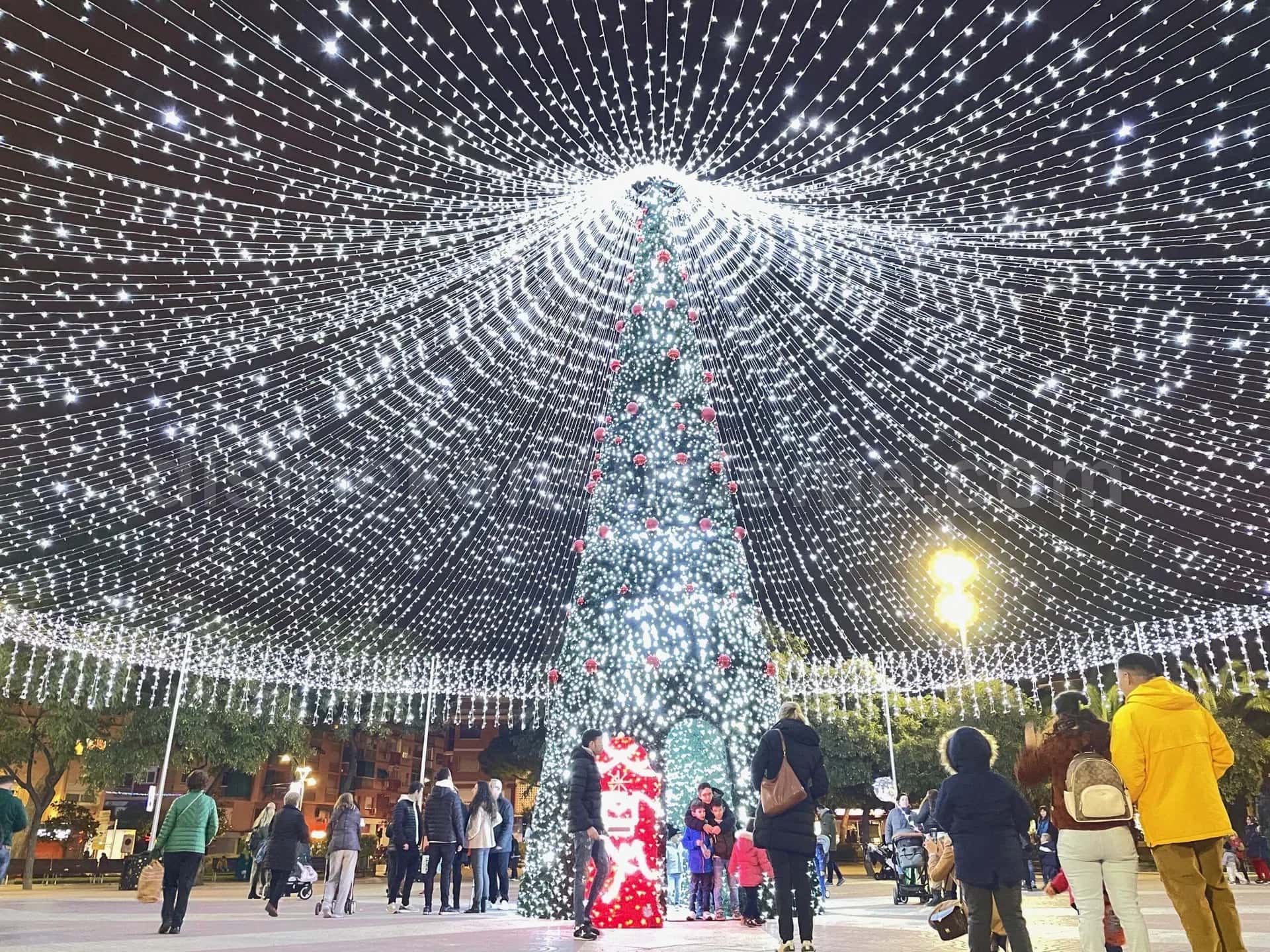 AVM meydanı dev yılbaşı ağacı ve LED figür yerleşimi gece çekimi #13