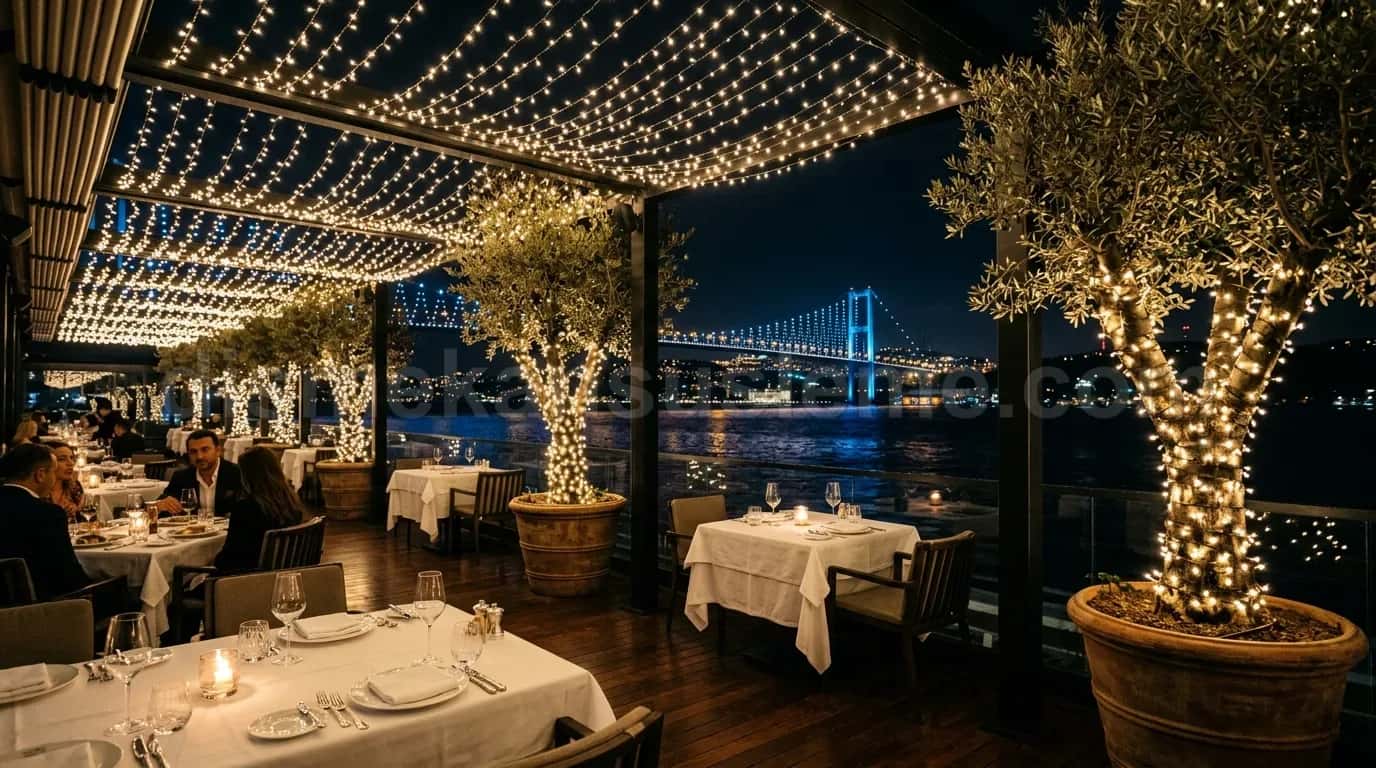 Restoran giriş cephesi yeni yıl ışık süsleme gece çekimi #12