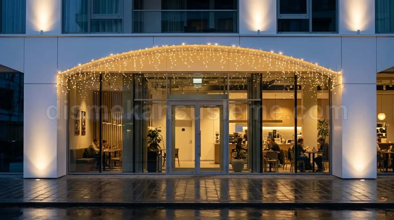 Otel cephesinde saçak hattı ve gabarit LED uygulaması, gece