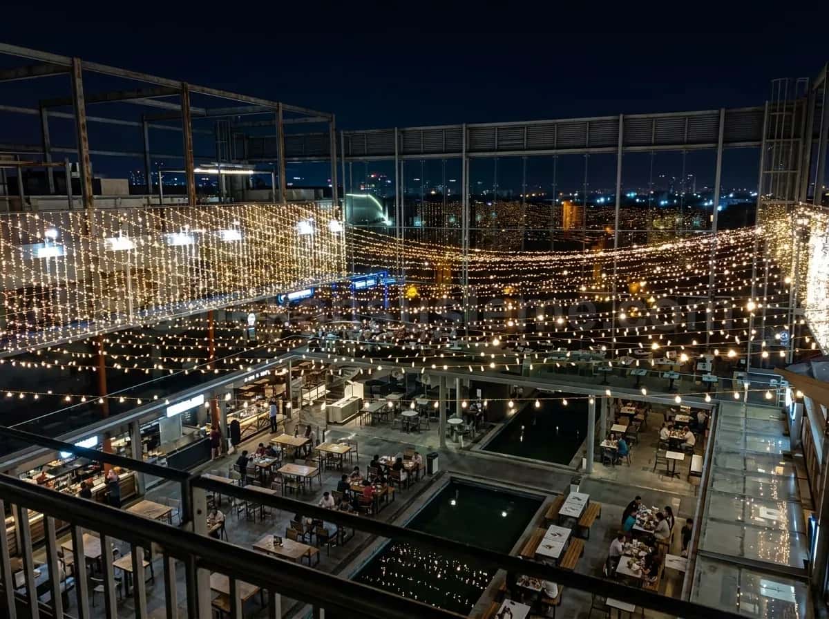 Plaza iş merkezi cephesi kat hatlarına LED ışık giydirme gece görünümü #11